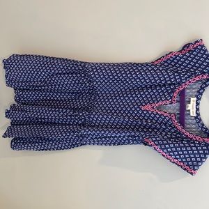 Blue and white dress with pink trim